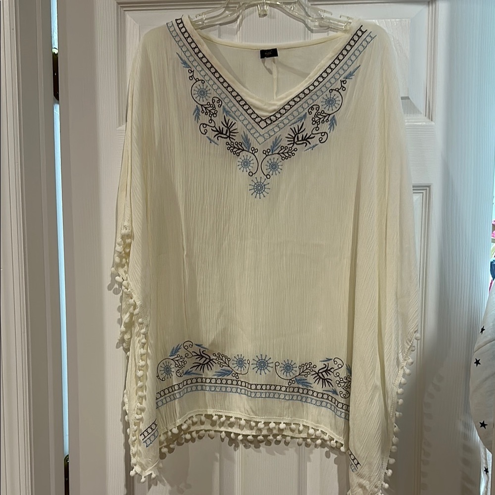 Embroidered Cream Poncho with Blue Accents